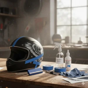 Essential tools, like a squeegee and cleaning solution, for successful motorcycle helmet decal installation.