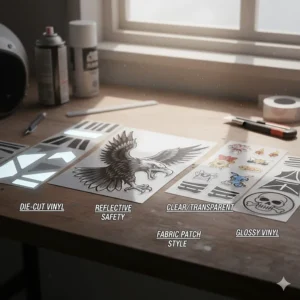 Various types of motorcycle helmet decals, including reflective and die-cut vinyl stickers, for maximum visibility and style.