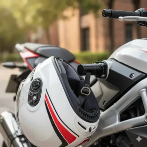 Universal motorcycle helmet lock permanently installed on the frame tube of a sport bike.