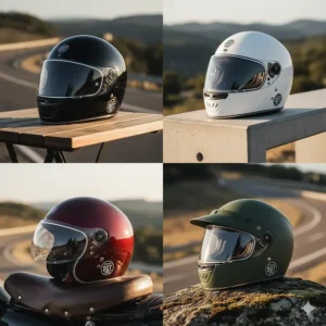 Collage displaying different styles of DOT motorcycle helmets, including full-face, modular, and open-face options, demonstrating compliance across designs.