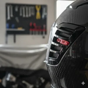 Focus on the advanced ventilation system ports of the carbon motorcycle helmet to keep the rider cool.
