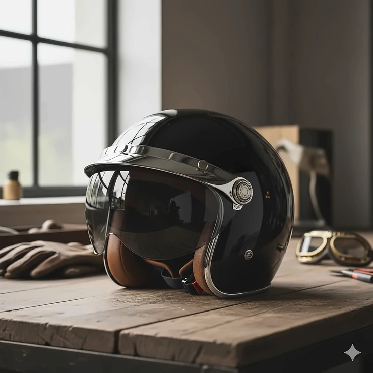 A classic vintage style motorcycle helmet in glossy black with a chrome trim, displayed on a wooden surface, highlighting its retro design.