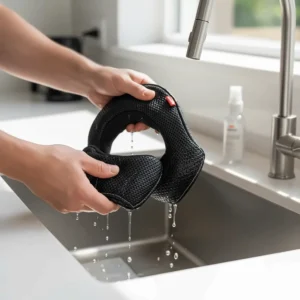 A person holding clean, detachable helmet padding, illustrating the maintenance step of washing interiors to improve hygiene and cooling.