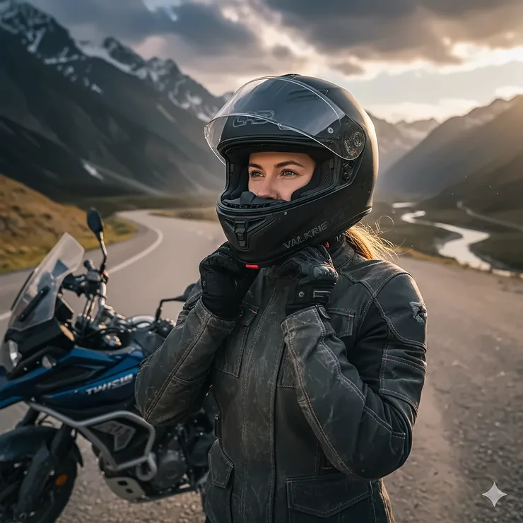 Women's motorcycle helmet in matte black, safely worn by a female rider preparing for a cross-country trip. helmet motorcycle womens