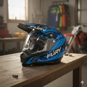 Vibrant blue camo graphic option for the highly protective youth dirt bike helmet.