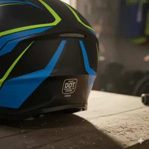 Close-up showing the DOT certified label on a quality youth dirt bike helmet.