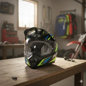 Front view of a white and blue youth dirt bike helmet with a clear face shield.