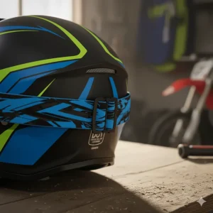 Rear view showing the integrated goggle strap retainer on the shell of the youth dirt bike helmet.