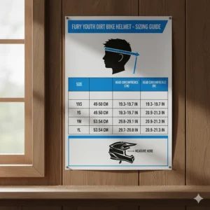 Sizing chart to help parents select the correct fit for a youth dirt bike helmet.