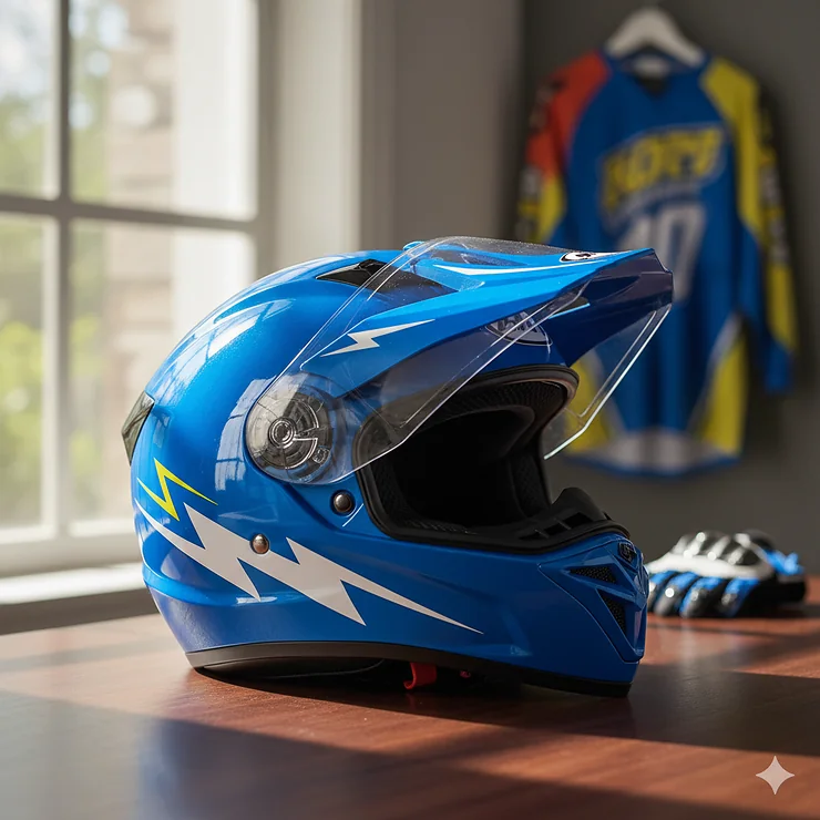Youth motorcycle helmet featuring a vibrant blue design and proper head protection for safe riding.