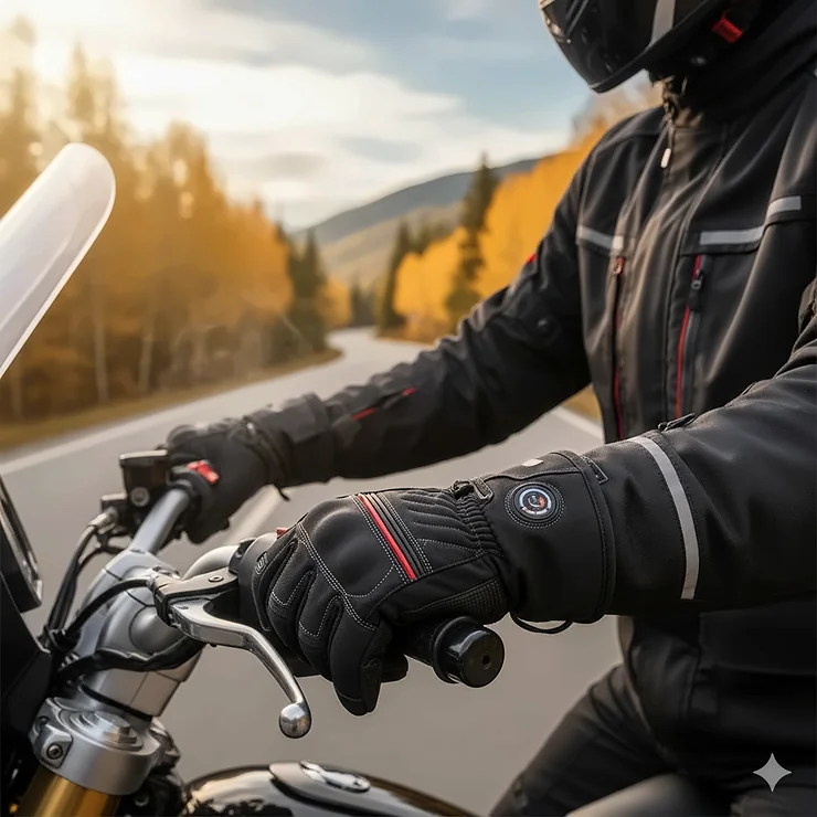 A rider wearing 12V heated motorcycle gloves on a bike's handlebars, illustrating the comfort and warmth for winter riding.