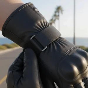 The secure adjustable closure system on the wrist of the leather motorcycle gloves, providing a snug and customized fit.
