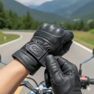 Image focusing on the adjustable wrist closure and hook-and-loop strap of the motorcycle riding gloves for a secure fit.