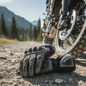 Rugged, long-cuff adventure touring gloves, designed for off-road durability, featuring reinforced palm sliders.