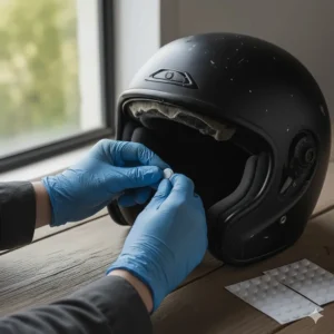 Applying new adhesive-backed velcro dots inside the helmet to secure the replacement padding.