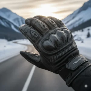 Safety feature illustration: Hard knuckle armor protection on durable heated motorcycle gloves for men.