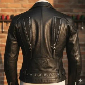 Rear view of the jacket showing the zippered back ventilation panels of the women's leather riding jacket.