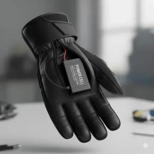 Diagram showing the concealed rechargeable battery placement inside the wrist cuff of the riding gloves.