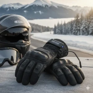 Close-up shot of battery-powered heated motorcycle gloves with the rechargeable battery pack visible in the cuff.