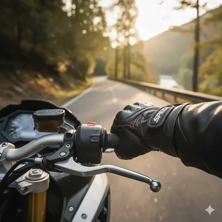 A close-up shot of a rider's hands gripping handlebars while wearing a pair of the best motorcycle gloves for street riding protection.