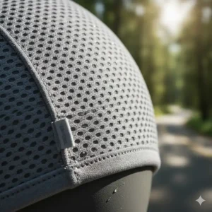 Detailed image showing the breathable mesh panel of a moisture wicking helmet cap for enhanced airflow and cooling.