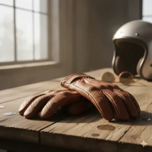 A display of brown perforated leather motorcycle mittens ideal for slightly warmer weather and better airflow.