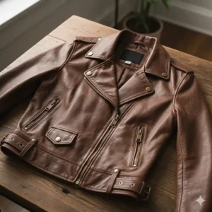 A flat lay image of a rich dark brown women's leather motorcycle jacket, offering an alternative to black.