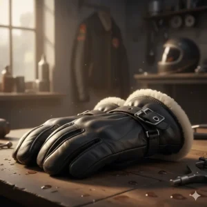 Classic black leather motorcycle mittens with a fleece lining and adjustable wrist strap.