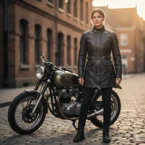 A professional photograph showcasing a longer-cut, classic women's leather touring jacket with adjustable waist belts.