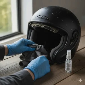 Wiping down and cleaning the inside of the helmet shell before installing new helmet padding replacement pieces.