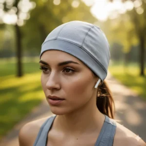 Cooling skull cap used as a moisture wicking helmet cap for running or working out, absorbing perspiration and keeping hair back.