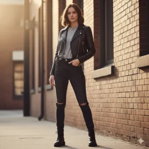Full-length shot of a person wearing a fashionable cropped women's leather biker jacket, highlighting the tailored fit.