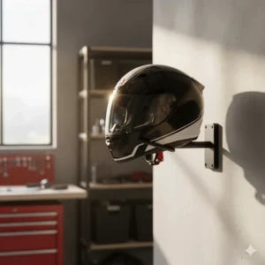 Stylish display of a racing motorcycle helmet resting securely on the modern wall mount.