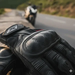 Texture close-up of durable full-grain leather motorcycle riding gloves material.