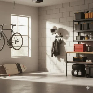 A tidy garage scene illustrating the space-saving benefit of using a wall mount for helmet storage.