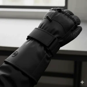 Close-up showing the extended cuff and adjustable closure system of the 12V heated motorcycle gloves sealing out wind and cold.