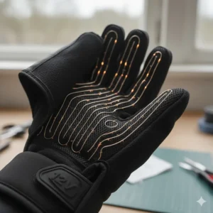 Close-up of the micro-wire heating elements inside the waterproof layer of the 12V motorcycle gloves.