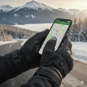 Detail of the index finger on a pair of heated motorcycle gloves showing the touchscreen-compatible material.