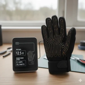 A visual representation or diagram detailing the low power draw specifications for the 12V heated motorcycle gloves.