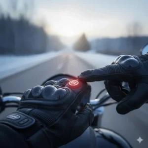 Rider pressing the three-level temperature control button on the back of the heated gloves.