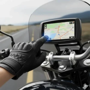 An illustration showing the specialized fingertip of the heated motorcycle gloves used on a touchscreen GPS device.