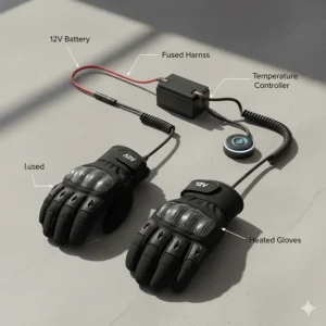Detailed diagram showing the 12V heated motorcycle gloves connecting directly to the motorcycle's battery via a fused harness.