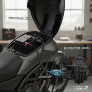 Diagram illustrating how the heated motorcycle gloves can connect directly to the bike's battery (optional direct-wire kit).