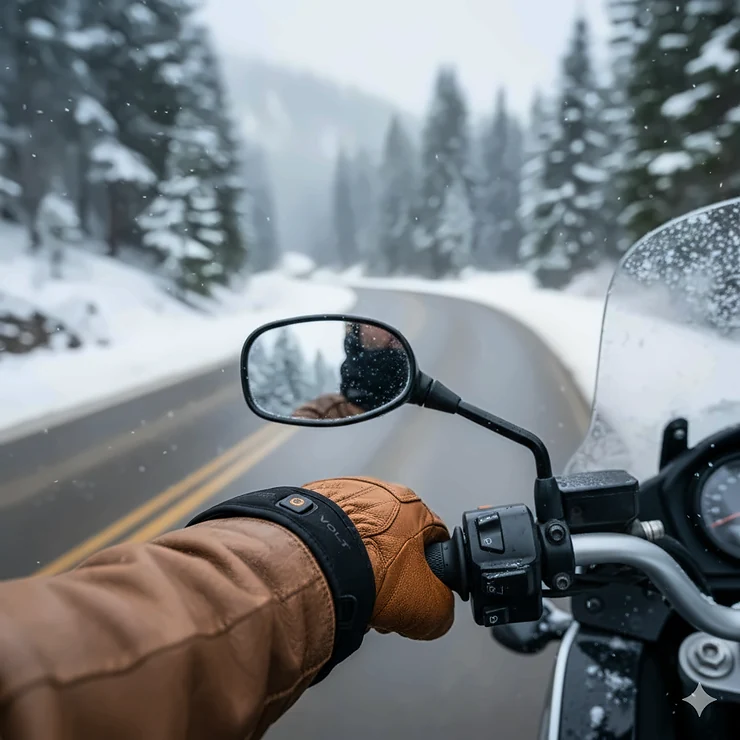 Close-up of comfortable, thin heated motorcycle glove liners being worn under a rider's outer winter gloves.