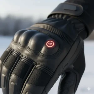 Close-up view of the leather palm and heating element indicator light on a heated motorcycle glove.