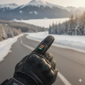 Close-up of a hand adjusting the multi-level temperature controller on the wrist of heated motorcycle gloves.