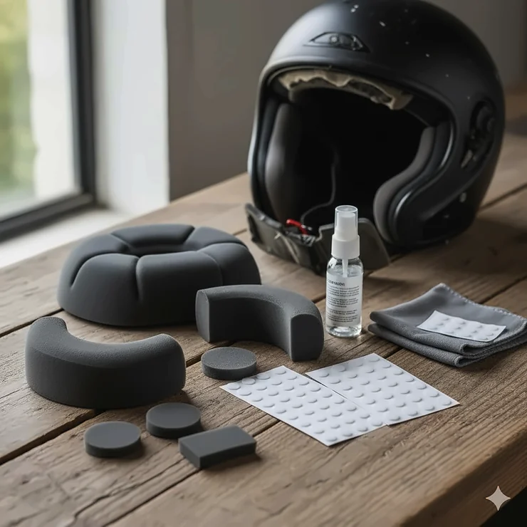 A complete helmet padding replacement kit showing foam liners, adhesive velcro dots, and a cleaning cloth laid out on a table.