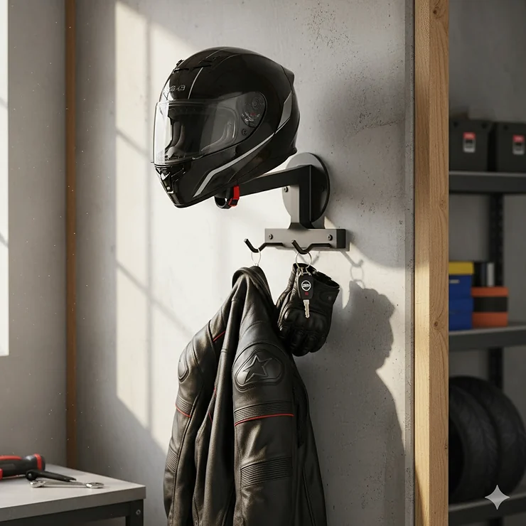 Sleek black helmet wall mount installed on a garage wall, securely holding a motorcycle helmet and jacket.