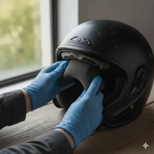Pressing the new top crown padding firmly into the helmet to ensure a secure fit for the helmet padding replacement.