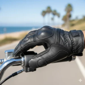 The palm area of the leather motorcycle gloves, showing reinforced stitching and anti-slip material for a secure, durable grip on the handlebars.